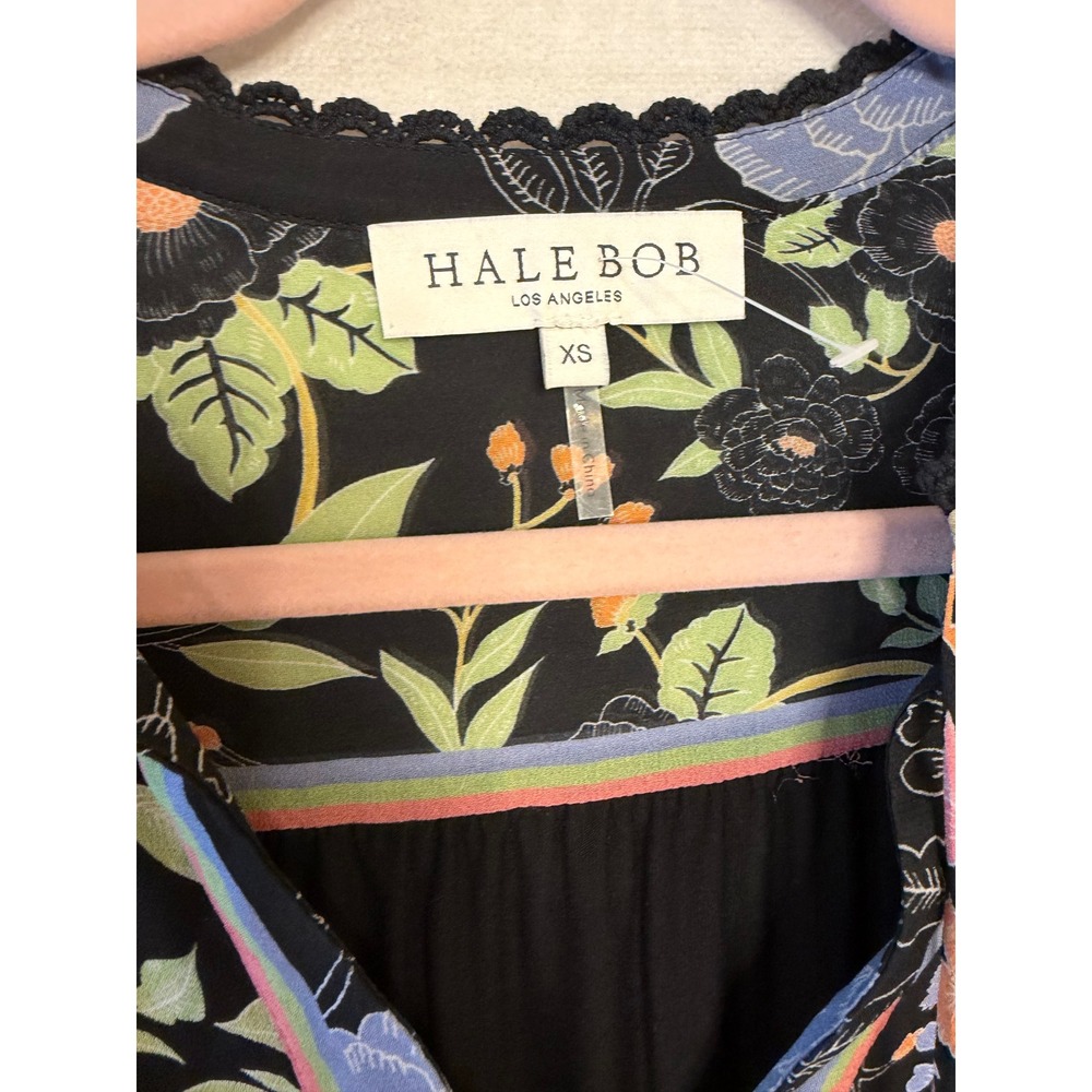 Hale Bob Floral Viscose Blouse Black‎ Crochet Lace Trim Tassel V-Neck XS Boho - Picture 3 of 6